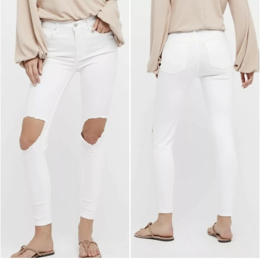Free People Mid-Rise Busted Knee White Skinny Jeans 30W, Casual